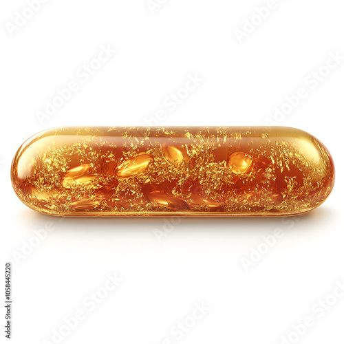 Golden gelatin capsule filled with shimmering oil and small beads resting on a reflective surface