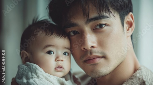 Handsome young Asian man poses with a baby in his hands, gazing into the camera. The charming moment highlights the bond between the handsome young Asian man and the baby, with space for text.