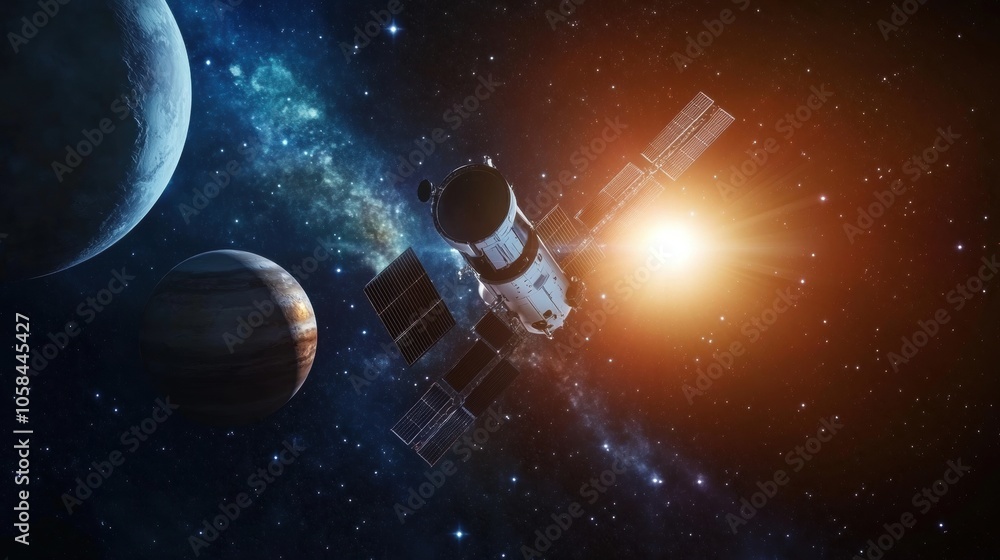 Obraz premium Satellite orbiting near planets with bright sun in space 