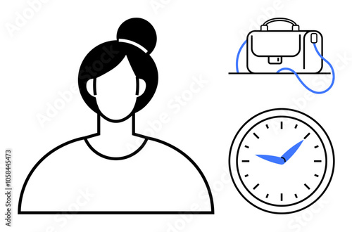 Minimalist portrait of a woman, clock, and briefcase. Ideal for business, time management, productivity, work-life balance, womens career, deadlines, corporate planning. Line metaphor