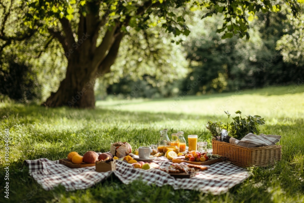 Enjoy a sunny picnic on a green lawn with fruits and pastries. Bright colors and fresh air create a joyful atmosphere. Ideal for outdoor gatherings. Generative AI Enjoy a sunny picnic on a green lawn with fruits and pastries. Bright colors and fresh air create a joyful atmosphere. Ideal for outdoor gatherings. Generative AI