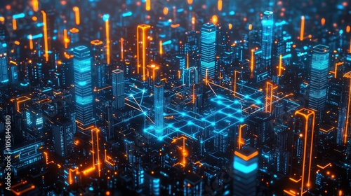 Futuristic cityscape with glowing blue and orange skyscrapers, vibrant digital connections.