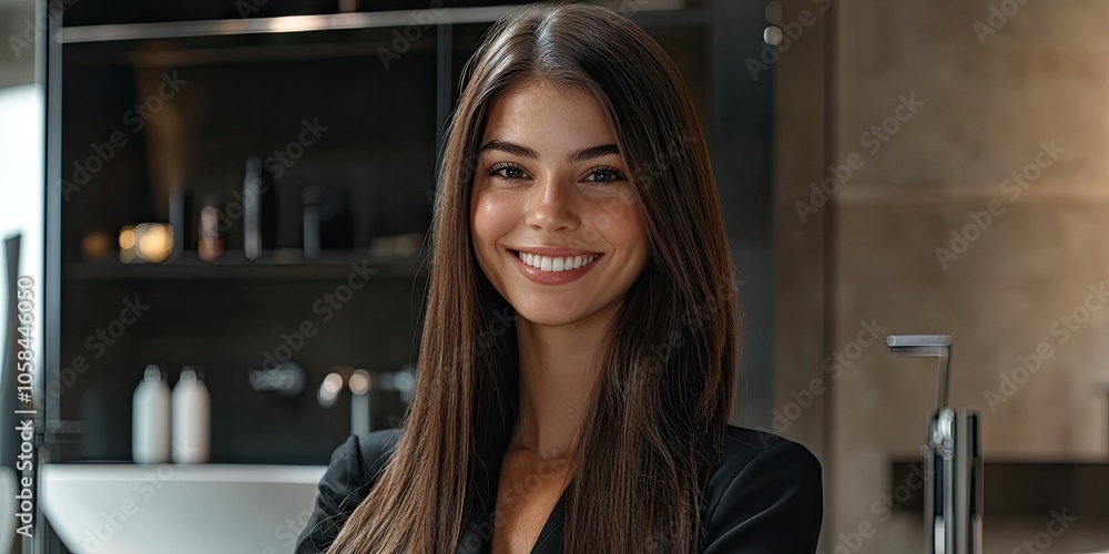 A young woman in her 30s, smiling, boasts long, shiny, straight hair in a contemporary bathroom setting. She looks stunning with her silky straight hair at the hairstyling salon. A young woman in her 30s, smiling, boasts long, shiny, straight hair in a contemporary bathroom setting. She looks stunning with her silky straight hair at the hairstyling salon.