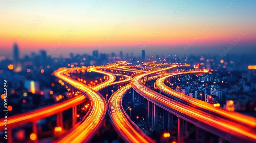 Fototapeta premium Dynamic highway interchange lit up at sunset, showcasing urban mobility and connections.