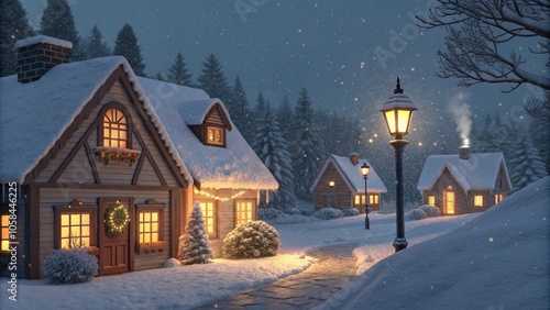 Cozy winter village with charming houses, snow-covered rooftops, and soft lights in the windows