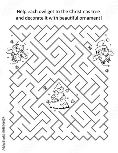 Winter holidays maze game. Help each owl find way to Christmas tree and bring beautiful ornaments to decorate it. Black and white, printable.
