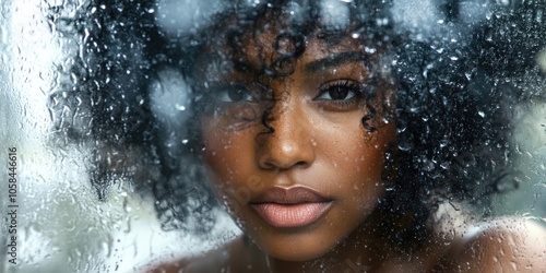 A Black woman, with her curly hair, is looking thoughtfully through a window that is adorned with droplets of rain.