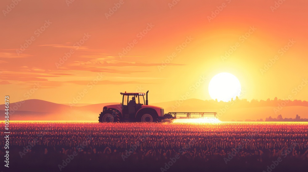 Fototapeta premium A tractor working in a field during sunset, showcasing agricultural activity.