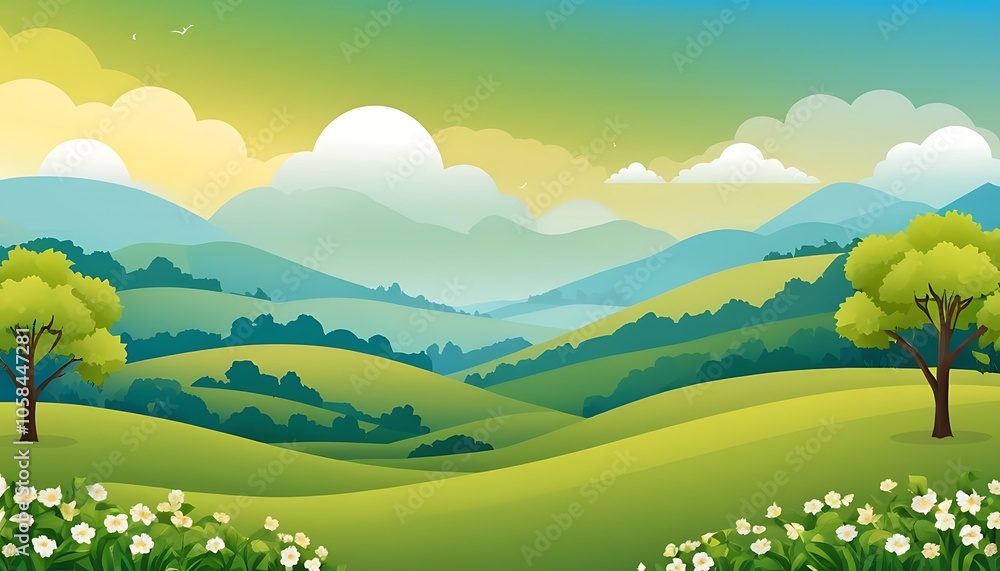 Naklejka premium Sky or Green natural enverionment fild Landscapes cartoon art background image 