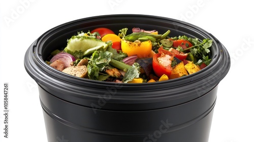 A black container filled with various types of vegetable scraps and organic waste.