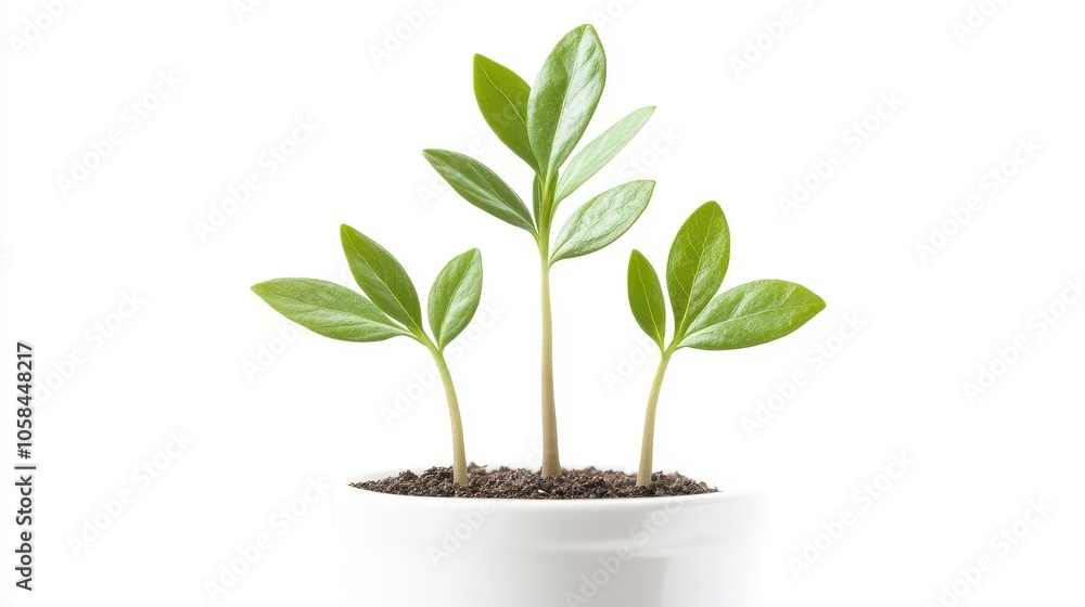 Three small green plants are growing in a white pot Three small green plants are growing in a white pot