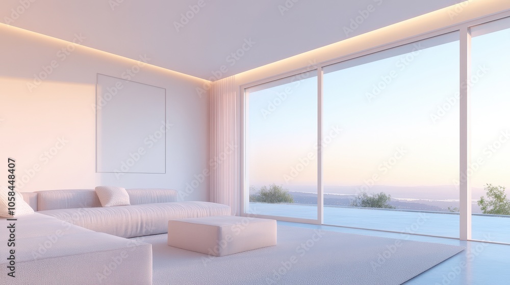 Fototapeta premium A large, open living room with a white couch and a white ottoman