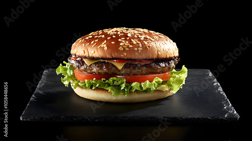 Hamburger mit Sesambrötchen auf schwarzem Hintergrund photo