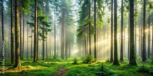 High-resolution image of a serene forest with tall trees and a misty atmosphere, perfect for nature lovers, forest landscape, calm, mist, woods