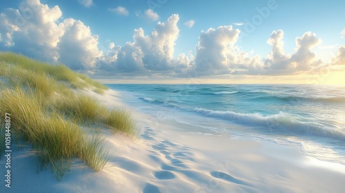 Wallpaper Mural Serene beach scene with gentle waves and lush grass dunes. Torontodigital.ca