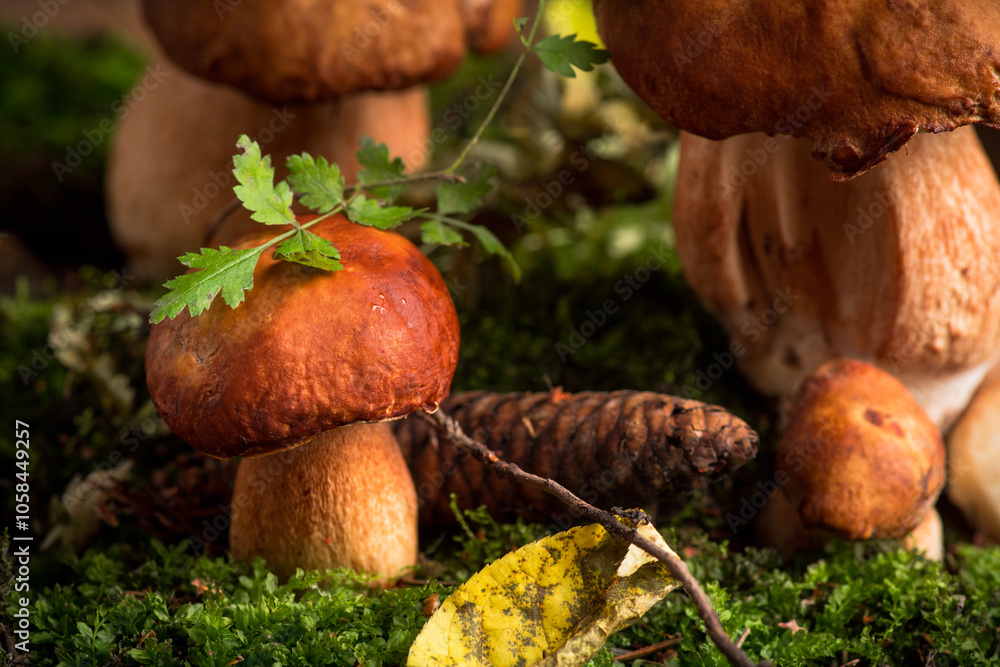 Wild white mushrooms (Boletus edulis) in the forest. Selective focus. Shallow depth of field. Wild white mushrooms (Boletus edulis) in the forest. Selective focus. Shallow depth of field.