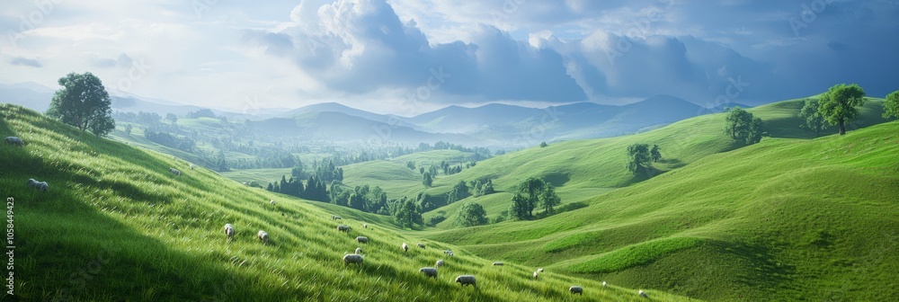 Majestic Highland Landscape with Rolling Hills, Grazing Sheep, and Dramatic Stormy Sky - Ultra-Detailed Panoramic Photography Majestic Highland Landscape with Rolling Hills, Grazing Sheep, and Dramatic Stormy Sky - Ultra-Detailed Panoramic Photography
