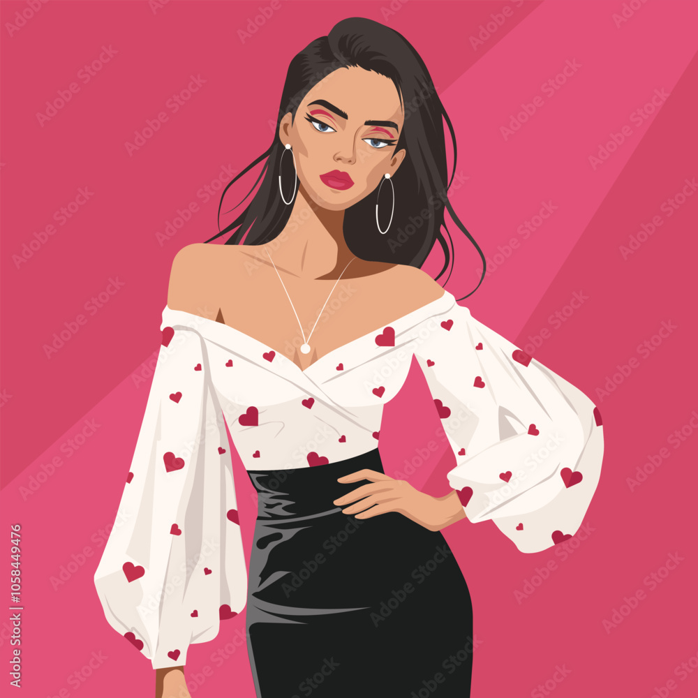 A beautiful young woman in a classic black tight skirt and an elegant blouse with bare shoulders and a heart print.
A beautiful young woman in a classic black tight skirt and an elegant blouse with bare shoulders and a heart print.