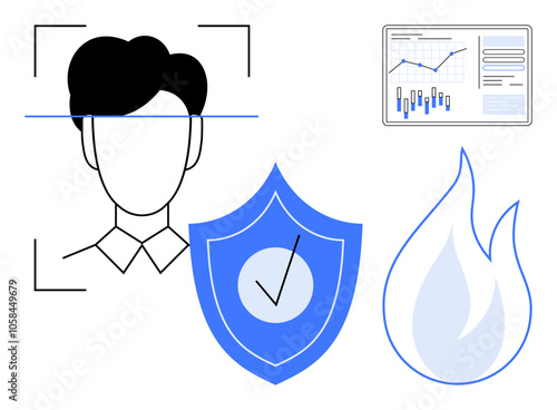 Facial recognition scan, shield with check mark, flame icon, and analytics dashboard. Ideal for cybersecurity, data protection, analytics, biometrics, fire safety, online security, and technology