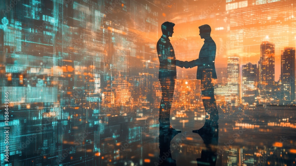 Businessmen shaking hands in a city skyline with data and technology overlay Businessmen shaking hands in a city skyline with data and technology overlay
