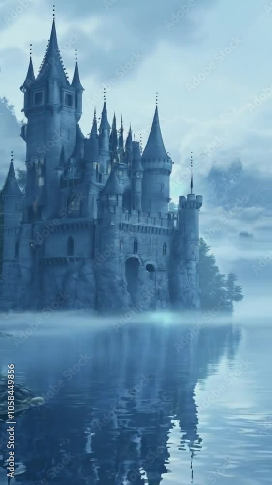A mystical castle stands on a rocky shore, shrouded in mist and reflected in calm waters. A mystical castle stands on a rocky shore, shrouded in mist and reflected in calm waters.