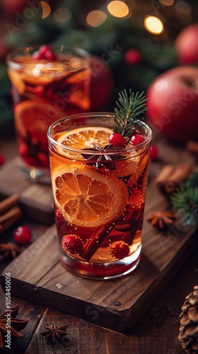 empty space for mockup presentation display and Christmas mulled wine on rustic table against Christmas tree and blurry lights. Traditional drink on winter holiday