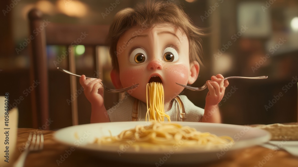 Funny baby eating spaghetti with his hands Funny baby eating spaghetti with his hands