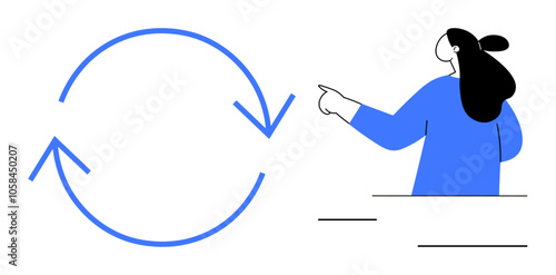 Woman pointing at a blue circular arrow symbol representing a renewal cycle. Ideal for concepts of continuous improvement, updating processes, sustainability, recycling, and iterative methods