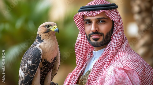 A man in traditional attire holding a falcon outdoors.