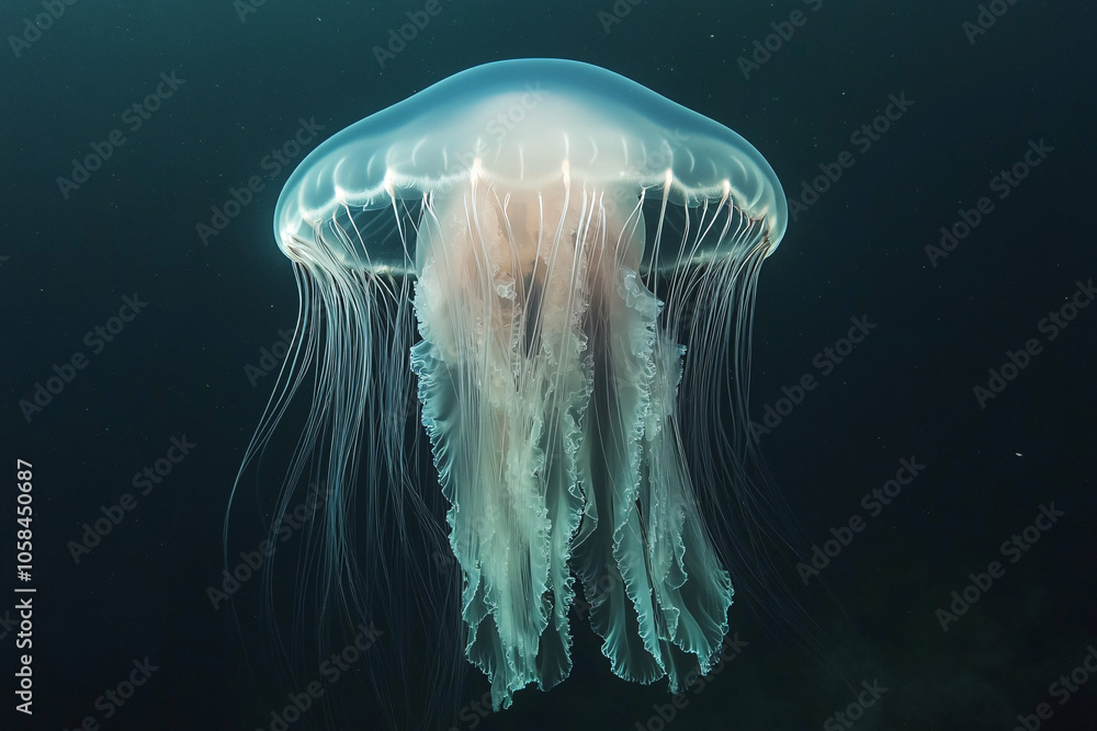 closeup of a translucent jellyfish with long tentacles floating in dark blue water closeup of a translucent jellyfish with long tentacles floating in dark blue water