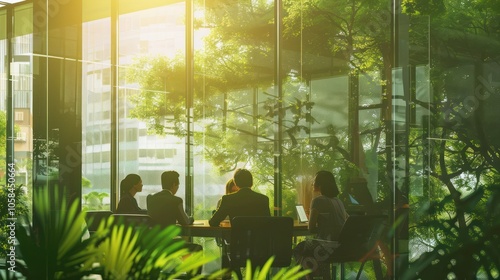 Silhouettes of Business People Meeting in a Modern Office with a Green View