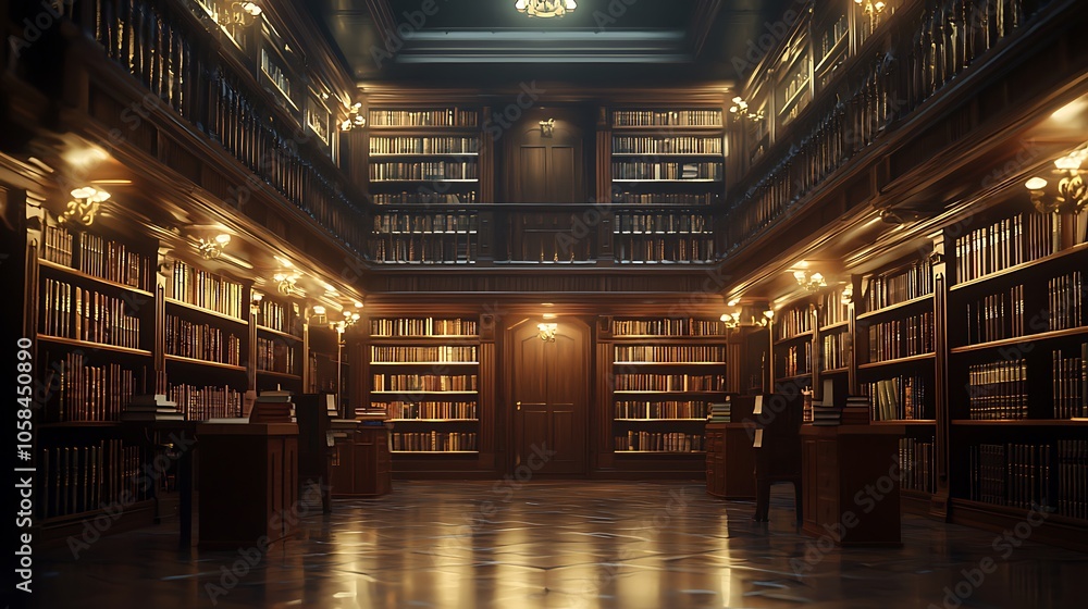 Fototapeta premium Dreamy library interior with soft focus bookshelves stretching into infinity, warm ambient lighting creating a scholarly atmosphere of timeless knowledge.