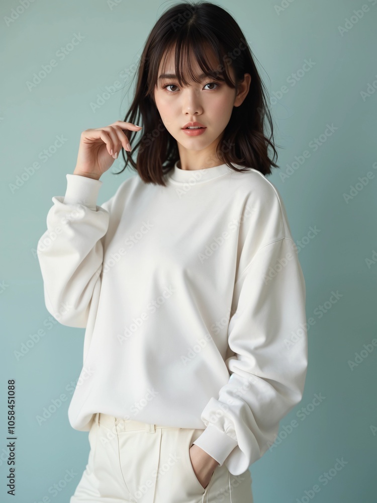 Asian Female Model in Casual Sweatshirt Mockup Studio Photoshoot - Front View Asian Female Model in Casual Sweatshirt Mockup Studio Photoshoot - Front View