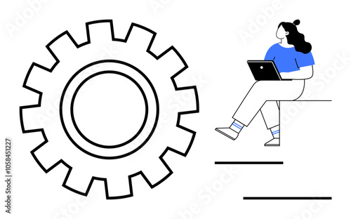 Woman sitting with a laptop next to a large gear symbol, signifying technology, productivity, and innovation. Ideal for business, technology, productivity, education, remote work, tech development