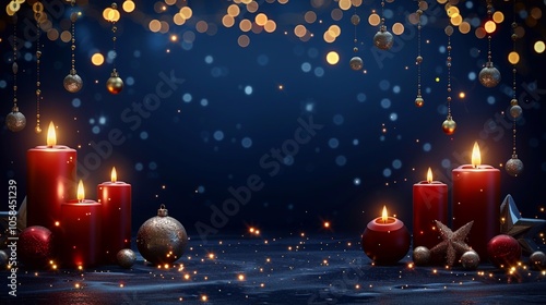 Christmas decoration with text Merry Cristmas, light red candle. Romantic festive holiday evening. Feliz Navidat. Merry Christmas and Happy New Year