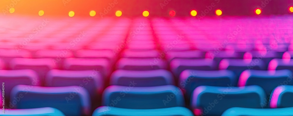 Colorful blurred view of empty theater seats with vibrant lighting effects. Colorful blurred view of empty theater seats with vibrant lighting effects.