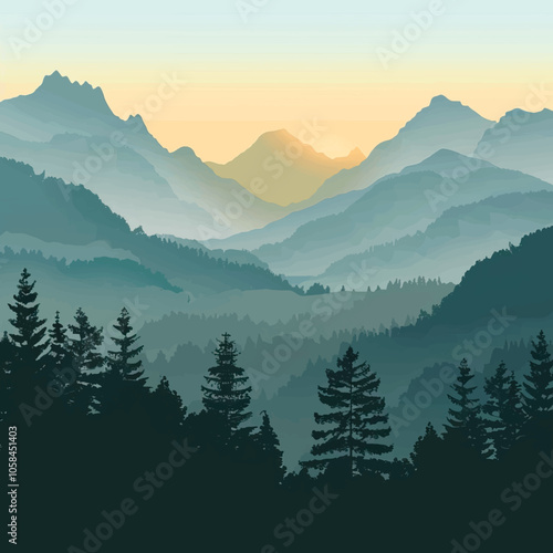  A valley with distant mountains. silhouette illustration