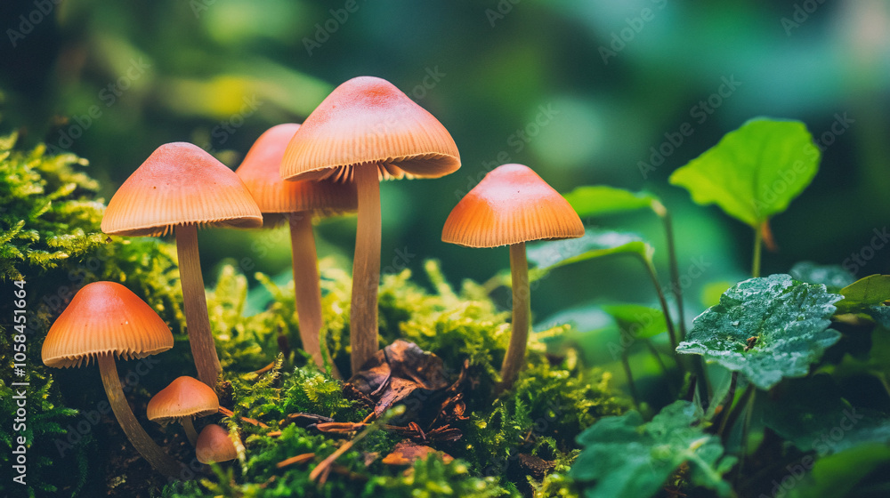 close up of orange mushrooms growing in lush green forest with moody lighting close up of orange mushrooms growing in lush green forest with moody lighting