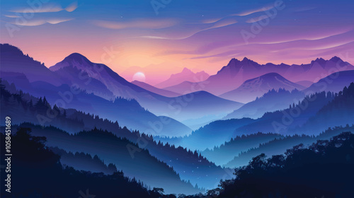  A valley with distant mountains. silhouette illustration