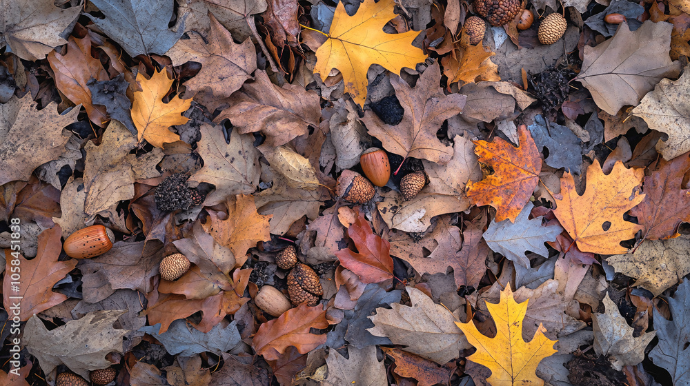 autumn leaves and acorns on forest floor with warm colors and natural textures autumn leaves and acorns on forest floor with warm colors and natural textures