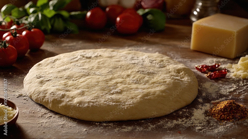 Raw dough with tomatoes, basil, cheese, and spices around it, ready to transform into a pizza. Raw dough with tomatoes, basil, cheese, and spices around it, ready to transform into a pizza.