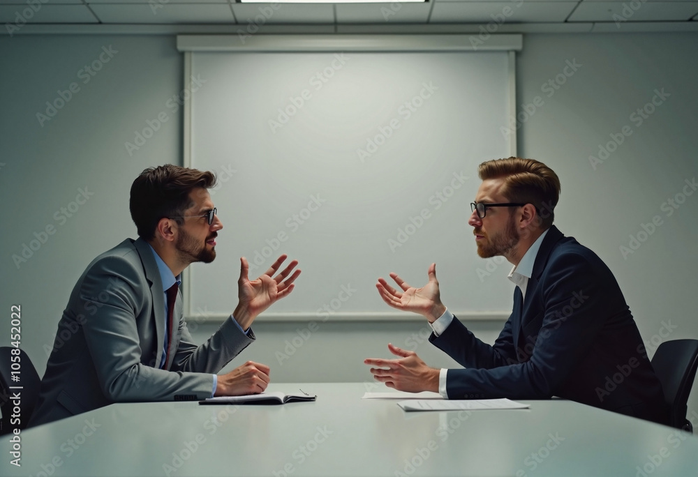 Two professionals engaged in an intense discussion in a modern office setting during daytime