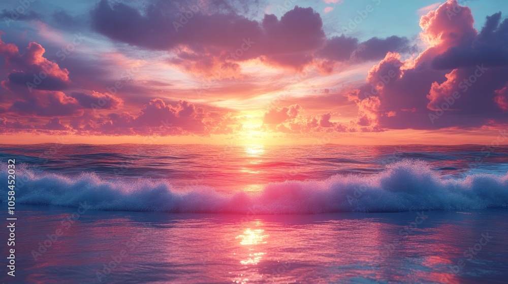 Fototapeta premium Serene sunset over ocean waves with vibrant colors.