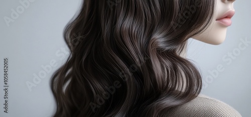 Close-up of woman's long, dark, wavy hair with a light gray background. photo