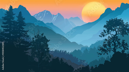  A valley with distant mountains. silhouette illustration