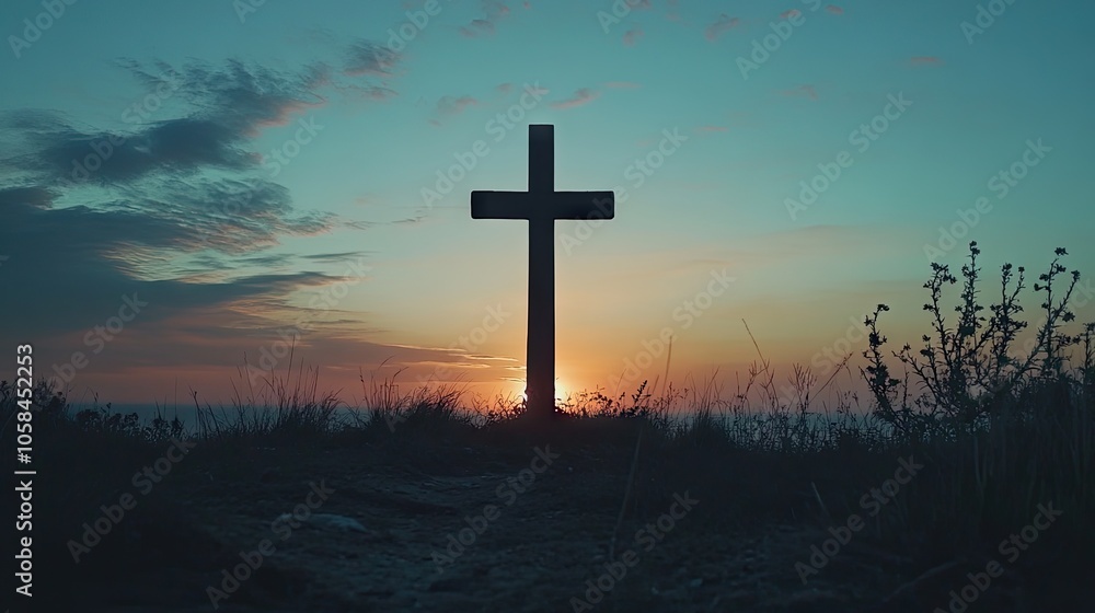 Scenic cross silhouetted against a sunset sky, representing faith and hope without any people present. Scenic cross silhouetted against a sunset sky, representing faith and hope without any people present.