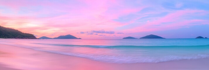 Papier peint photo Pourpre Majestic Sunset Over Serene Beach - Vibrant Colors and Gentle Waves Panoramic View of Ultra-Detailed Seascape  © Jakkarin