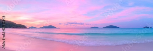 Majestic Sunset Over Serene Beach - Vibrant Colors and Gentle Waves Panoramic View of Ultra-Detailed Seascape