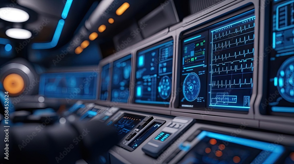 Futuristic control panel with advanced screens and sleek design elements. Futuristic control panel with advanced screens and sleek design elements.
