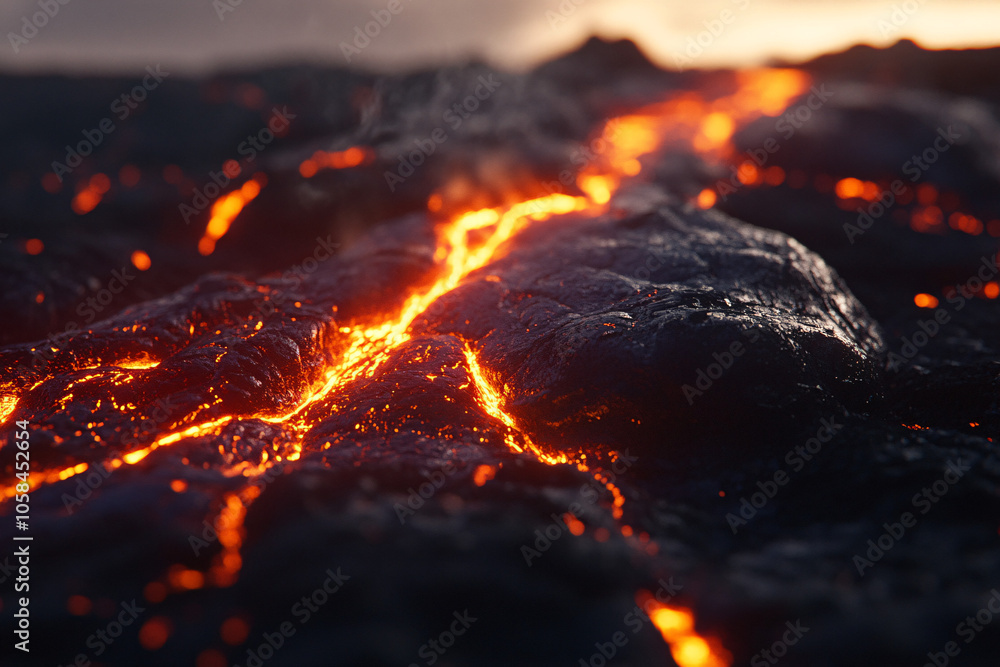 close up of molten lava flowing on a volcanic rock in the evening close up of molten lava flowing on a volcanic rock in the evening